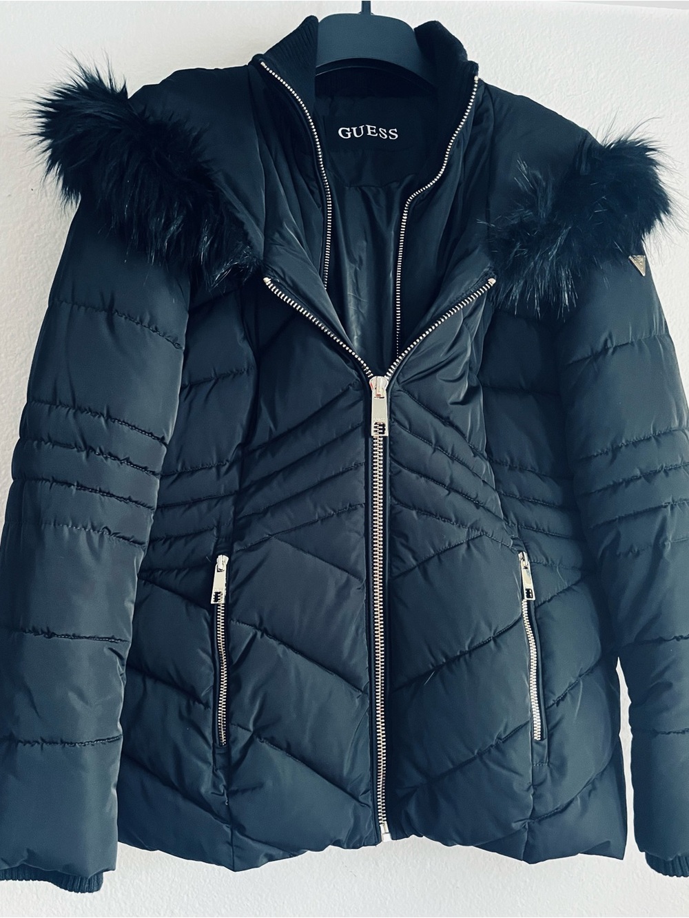 GUESS Black Quilted Puffer Jacket with Faux-Fur Trim